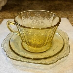 Vintage Yellow Depression Glass Tea Cup and Saucer Federal Glass Madrid Pattern